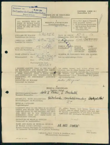 GIESSEN 2x Dokument  Entlassungsschein Wehrmacht 1946 Kontrollblatt Personalakte