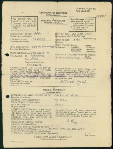 Schönberg Plön Schleswig Entlassungsschein 1946 Wehrmacht - POW Prisoner of War