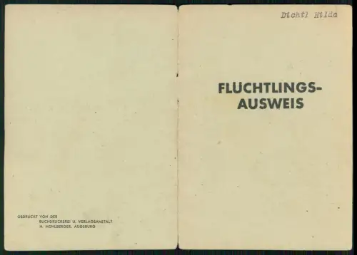 Flüchtlingsausweis - Hilda Dichtl Josefstal Josefovo Údolí - im Sudetenland CSR