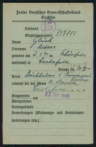 Carlsfeld Eibenstock - Karte Freier Deutscher Gewerkschaftsbund Sachsen - 1945