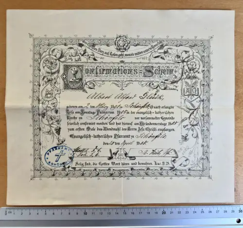 Carlsfeld Eibenstock - Konfirmationsschein 1905 - von Albert Glück - 29x25cm