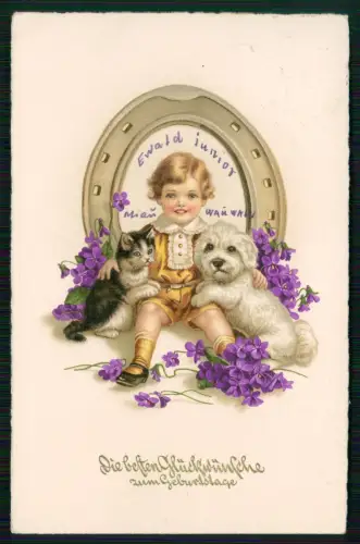AK Litho Geburtstag Motiv mit Kind, Hund, Katze, Hufeisen 1936 gel. Villmar Lahn