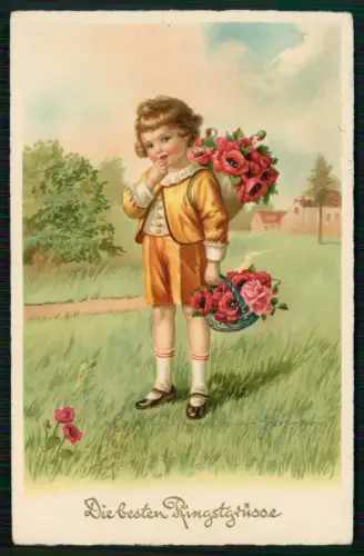 AK Litho Pfingsten Kind Korb und Rückentragekorb Blumen Mohn und Rosen 1935 gel.