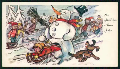 Kein Durchfahrt Neujahr - Schneemann Kinder Schlitten Hund - mundgemalt um 1920