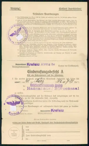 Krefeld Einberufungsbefehl Wehrbezirkskommando - 1942 gel. Feldpost Einschreiben