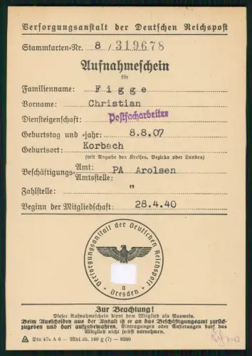 Amt PA Arolsen Reichspost Aufnahmeschein Mitgliedsausweis Postfacharbeiter 1940