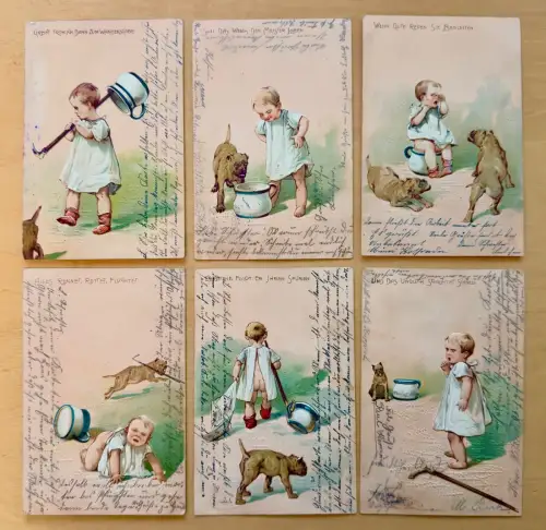 6x AK Präge Lithografie Humor Kind Nachttopf Kinder-Töpfchen mit Hund 1906 gel.