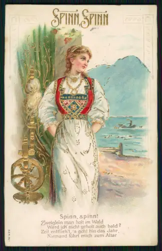 4x AK Präge Gold Lithografie - Spinn Spinn Mädchen am Spinnrad - 1907 gelaufen