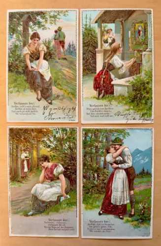 4x AK Präge Gold Lithografie - Verlassen bin i - Tracht Liebe Bayern - 1907 gel.