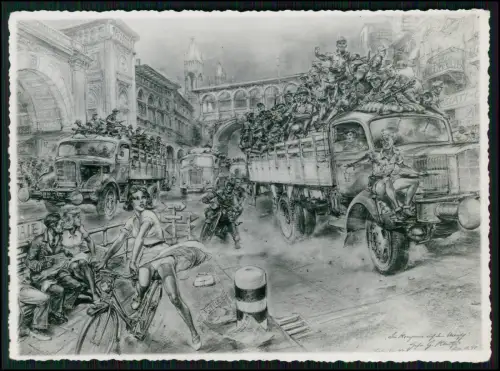 Italien - Detailreiche dynamische Straßenszene - Soldaten Fahrzeuge Zivilisten..