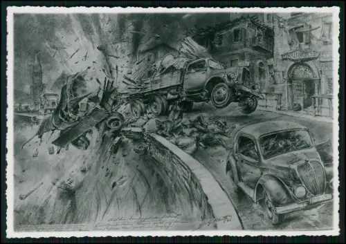 Italien - Bombardierung Straßenkampf - Lkw Explosion Zeichnung - signiert 1944