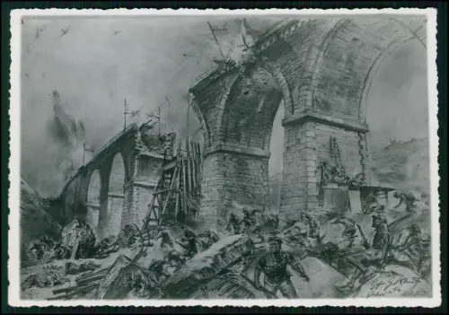 Wehrmacht Eisenbahnbrücke Zerstörung Kriegsdarstellung - Zeichnung signiert 1944