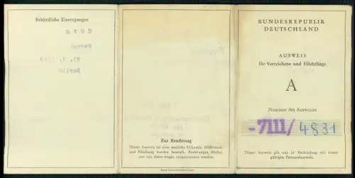 Koblenz Karthause - Ausweis Vertriebene Flüchtlinge - BRD Deutschland 1950er