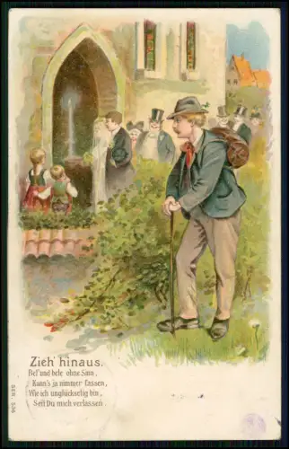 4x AK Präge Lithografie - Zieh hinaus - Wanderer auf den Weg - 1906 gelaufen