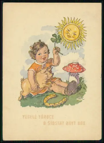 4x AK - Tschechien Neujahr Illustration Sonne Glück Schwein Kleeblatt 1943 gel.