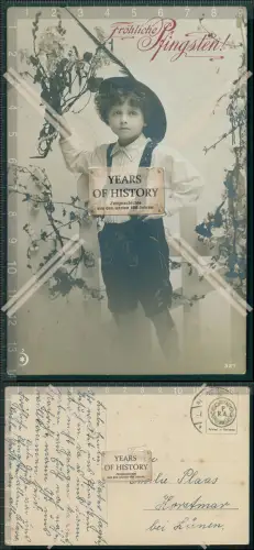 AK Pfingsten Junge in Tracht Lederhose 1914 gelaufen 