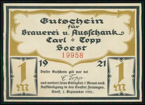 Gutschein 1 Mark Soest, Brauerei und Ausschank von Carl Topp, 1921