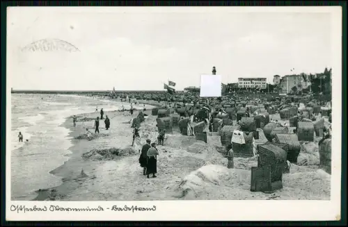 Warnemünde Strandpromenade 1938 gelaufen Ostseebad Leuchtturm Reichspost Stempel