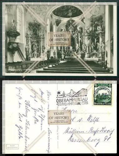 Foto AK Oberammergau Kircheninneres Sonderstempel seltene Briefmarke 1935