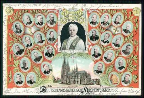 Farbenprächtige Lithografie Papst Pius X und zahlreichen deutsch Kirchenfürsten