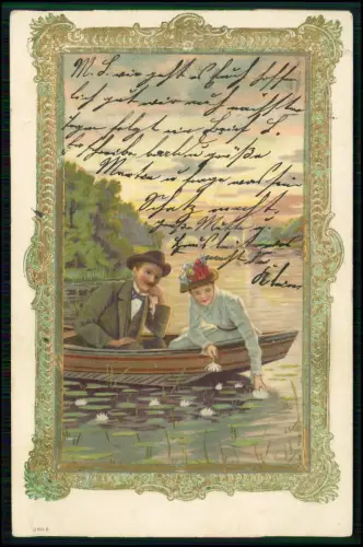 AK Präge in Goldrahmen - Liebespaar in Ruderboot Seerosenblätter - 1898 gelaufen
