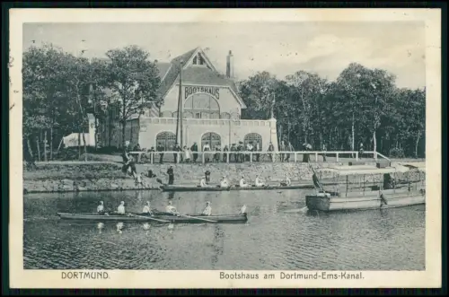 AK Dortmund Bootshaus am Ems Kanal - Wettkampf Ruderer Dampfer Hafen - 1911 gel.