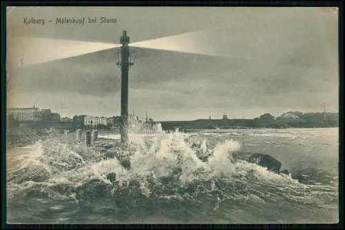 2xAK - Kolberg Kołobrzeg Hafen Ostsee - Molenkopf bei Sturm - Feldpost 1917 gel.