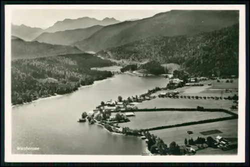 Echt Foto AK - Walchensee beeindruckende Luftaufnahme Uferlandschaft Bauernhöfe