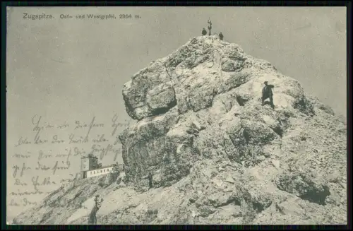 AK - Zugspitze Ost und Westgipfel mit Bergsteiger am Gipfelkreuz - 1911 gelaufen