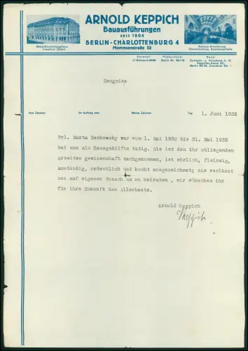 Berlin Charlottenburg Zeugnis 1935 Marta D. Firma Arnold Keppich Bauausführungen