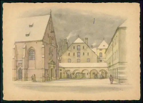 4 Künstler AK München Allerheiligenkirche Kreuz Vorplatz Neubau Stadtmotive 1910