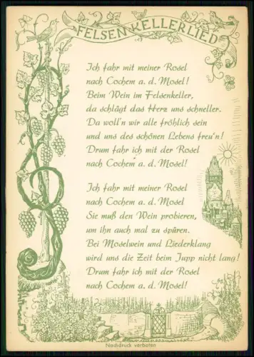 Werbung Karte Cochem Mosel Felsenkeller Weinstuben Liedkarte mit Burgmotiv 1935