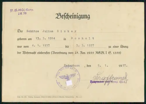 Bocholt Wehrmacht Bescheinigung 1937 Einberufung Übung 17. E.M.G Kompanie J.R.78