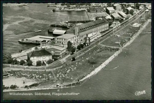Foto AK Wilhelmshaven Luftbild - Hafen, Strand, Promenade, Badebetrieb, Bebauung