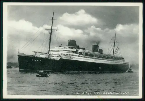 AK Turbinen Schnelldampfer Bremen Norddeutscher Lloyd Beschriftung BREMEN am Bug
