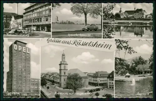 Foto AK - Rüsselsheim am Main - Werbung Opelwerk Opelturm Marktplatz Bahnhof