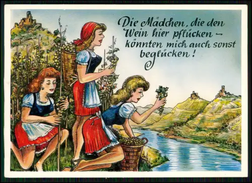 AK Scherz Humor - Die Mädchen die den Wein hier pflúcken mich beglücken am Rhein