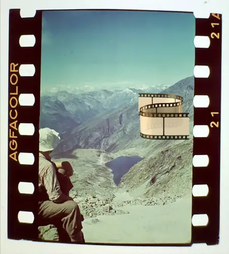 Original altes Agfacolor Farbdia 3,5x4cm - Blick auf Bergsee im tiefen Tal Alpen