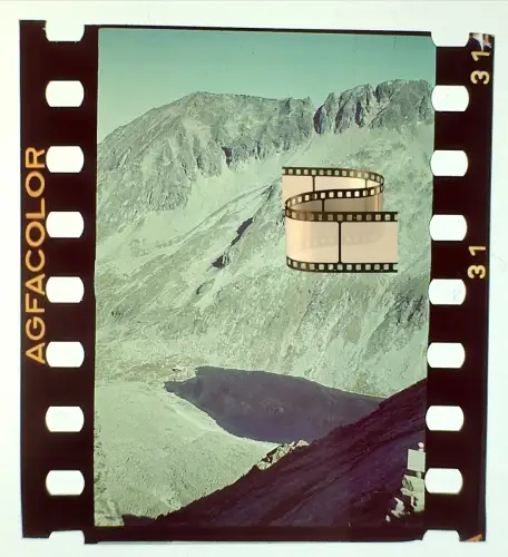 Original altes Agfacolor Farbdia  - Bergsteiger Blick auf See - Tal in den Alpen