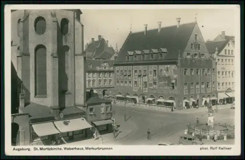 Foto AK Augsburg Kirche Weberhaus Merkurbrunnen Straßenbahn Automobile 1941 gel.