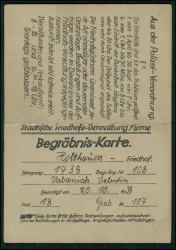 Polizei Begräbnis Karte 1938 - Herne Holthausen Friedhof  Grab Valentin Urbaniak
