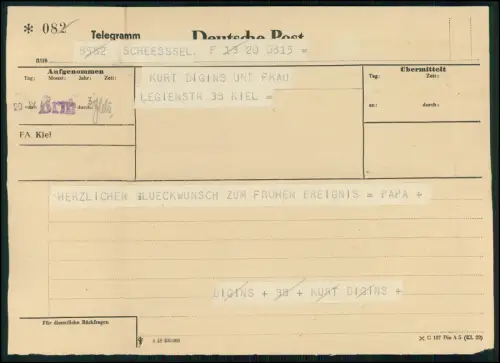Telegramm U-Boot Kommandant Kurt Diggins - 1939 Adjutant Admiral Graf Spee Plata