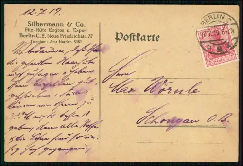 Postkarte Werbung Berlin jüdisches Geschäft Silbermann & Co. Filz-Hüte 1919 gel.