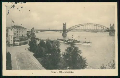 AK Rheinbrücke in Bonn - Raddampfer Ausflugsschiff Rheinschifffahrt - 1916 gel.