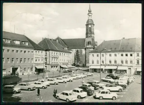 Foto AK - Großenhain Karl-Marx-Platz Kirche - ca. 20 parkende Trabant Autos DDR