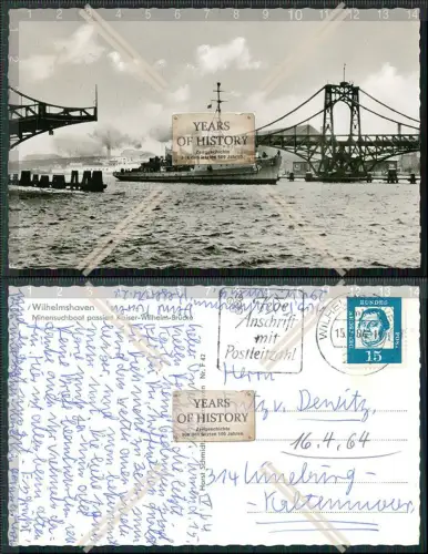 Foto AK Wilhelmshaven Minensuchboote passiert Kaiser Wilhelm Brücke Karte gela