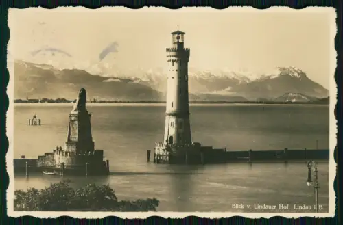 Foto AK Lindau am Bodensee Schwaben- Hafeneinfahrt - 1934 gelaufen Hotel Stempel