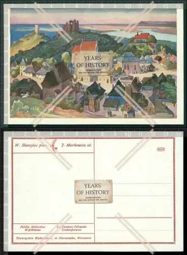 Orig. AK Künstler Polen Dorf am Fluss Ansicht mit Burgruine uvm. 1939