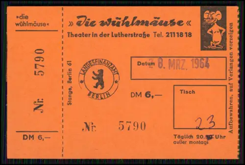 Berlin 2x Eintrittskarte u.a. Kabarett Die Wühlmäuse Theater Lutherstraße 1964