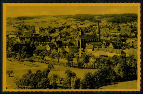 AK Münnerstadt Stadtansicht mit Kirche u. Fachwerkhäusern - Panorama in Sepiaton